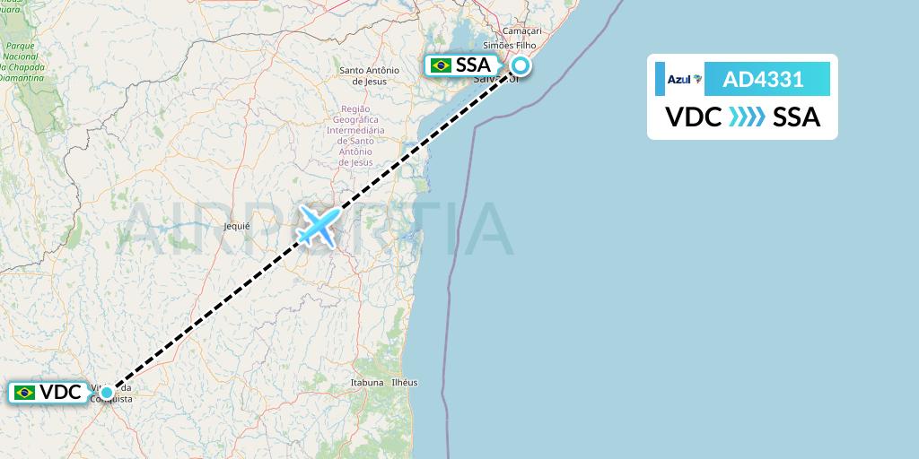 AD4331 Azul Brazilian Airlines Flight Map: Vitoria Da Conquista to Salvador