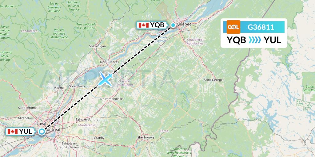 G36811 GOL Transportes Aeros Flight Map: Quebec to Montreal