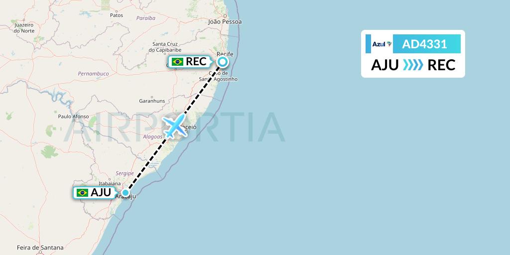 AD4331 Azul Brazilian Airlines Flight Map: Aracaju to Recife
