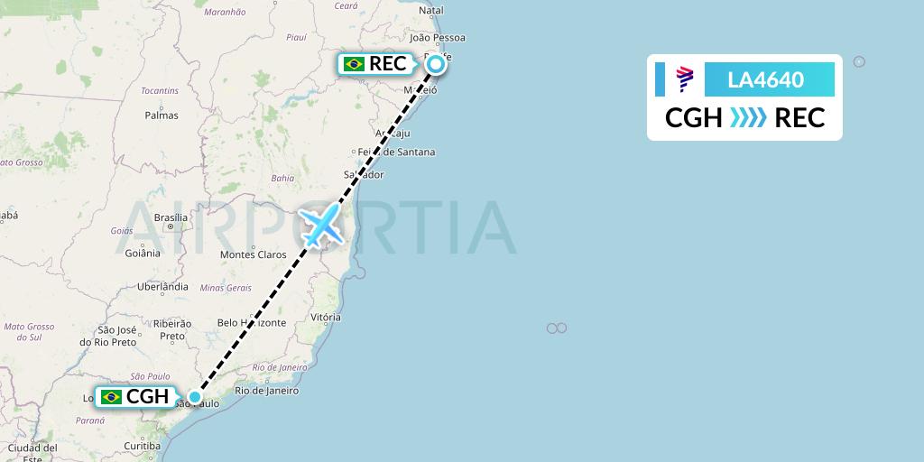 LA4640 LAN Airlines Flight Map: Sao Paulo to Recife