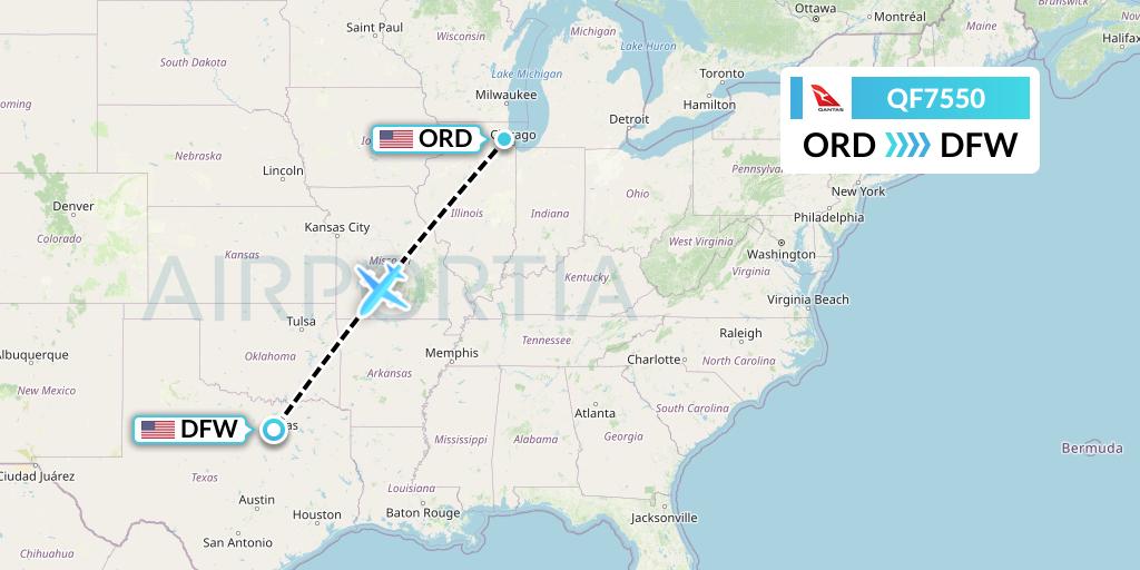 QF7550 Qantas Flight Map: Chicago to Dallas