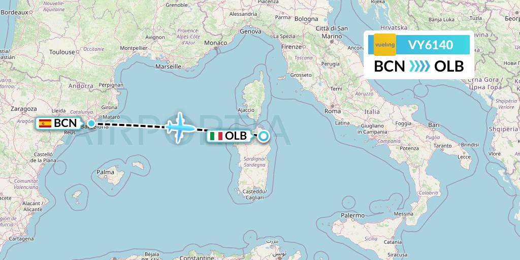 VY6140 Vueling Flight Map: Barcelona to Olbia