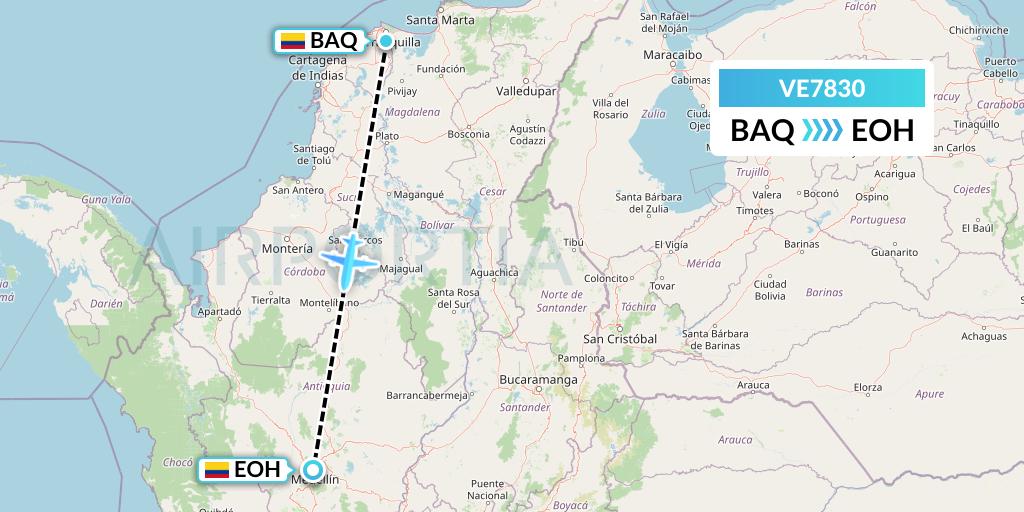 VE7830 Easyfly Flight Map: Barranquilla to Medellin