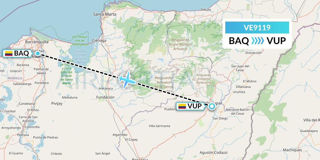 VE9119 Easyfly Flight Map: Barranquilla to Valledupar