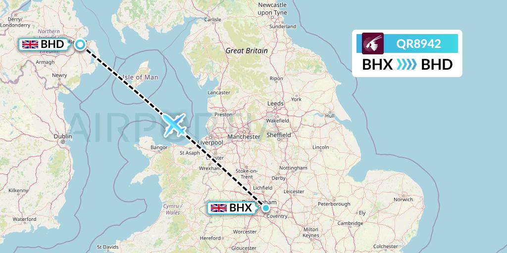 QR8942 Qatar Airways Flight Map: Birmingham to Belfast