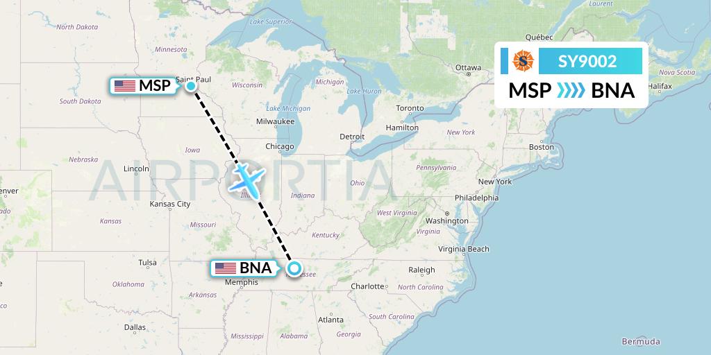 SY9002 Sun Country Airlines Flight Map: Minneapolis to Nashville