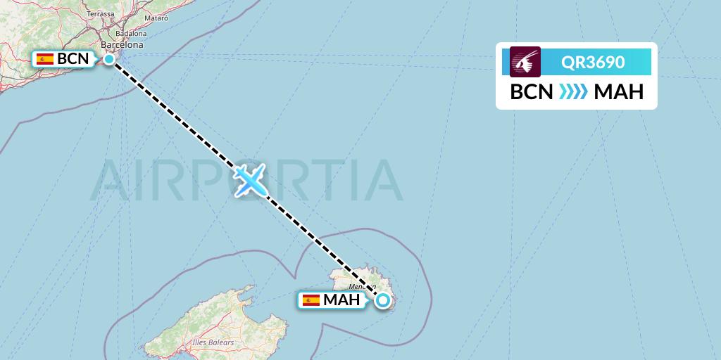 QR3690 Qatar Airways Flight Map: Barcelona to Mahon