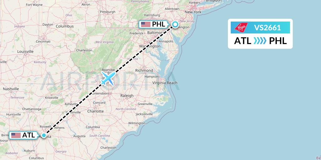 VS2661 Virgin Atlantic Airways Flight Map: Atlanta to Philadelphia