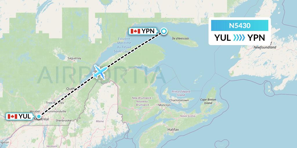 N5430 Nolinor Aviation Flight Map: Montreal to Port-Menier