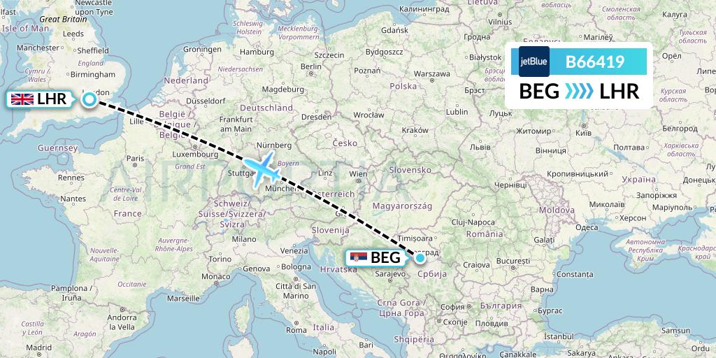 B66419 JetBlue Airways Flight Map: Belgrade to London