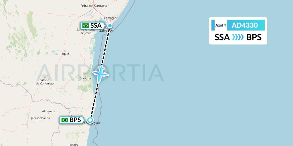AD4330 Azul Brazilian Airlines Flight Map: Salvador to Porto Seguro