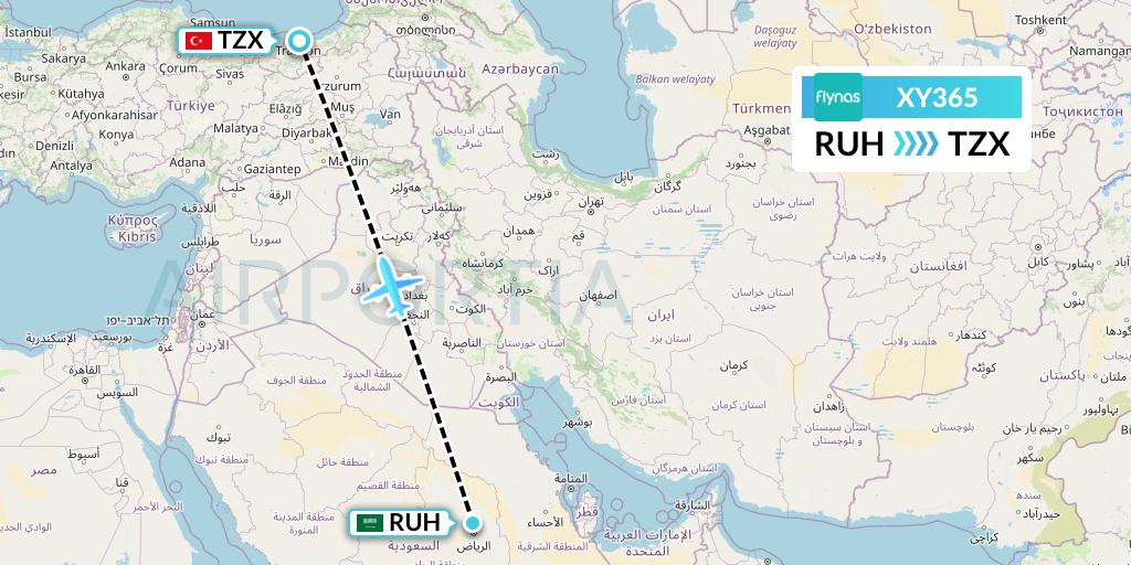 XY365 Flynas Flight Map: Riyadh to Trabzon