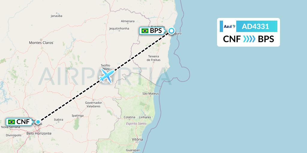 AD4331 Azul Brazilian Airlines Flight Map: Belo Horizonte to Porto Seguro