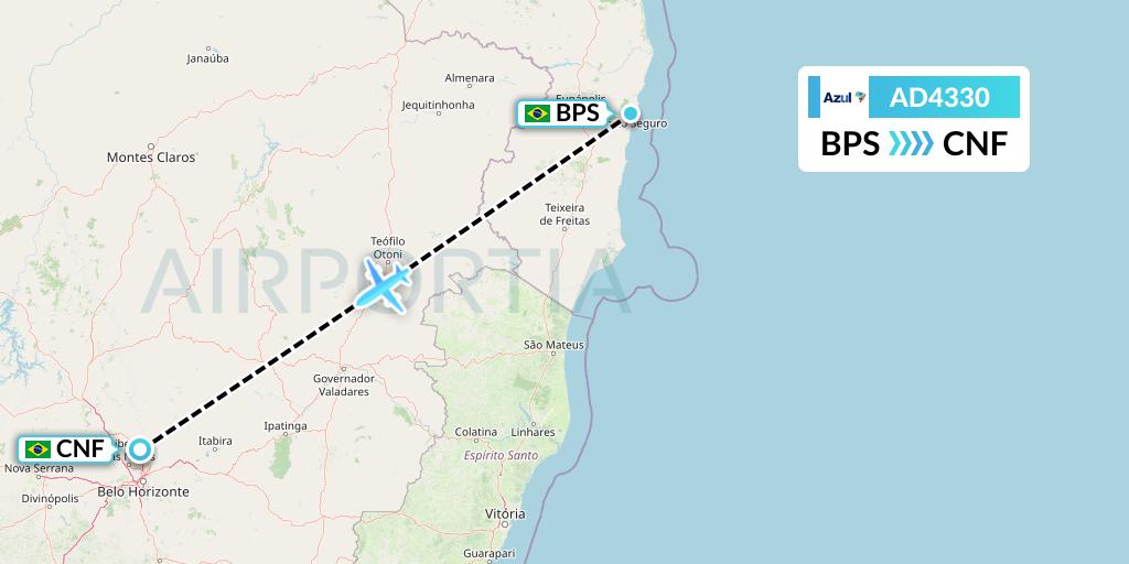 AD4330 Azul Brazilian Airlines Flight Map: Porto Seguro to Belo Horizonte