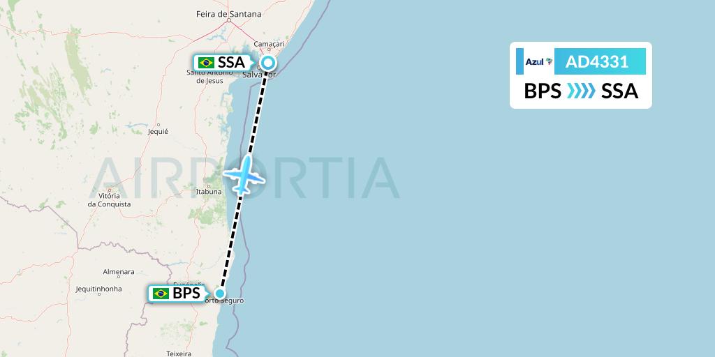 AD4331 Azul Brazilian Airlines Flight Map: Porto Seguro to Salvador