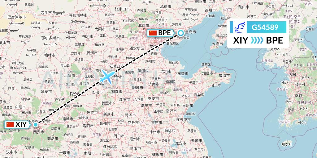 G54589 China Express Airlines Flight Map: Xi'an to Qinhuangdao