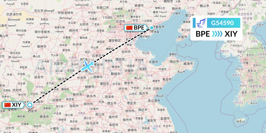 G54590 China Express Airlines Flight Map: Qinhuangdao to Xi'an
