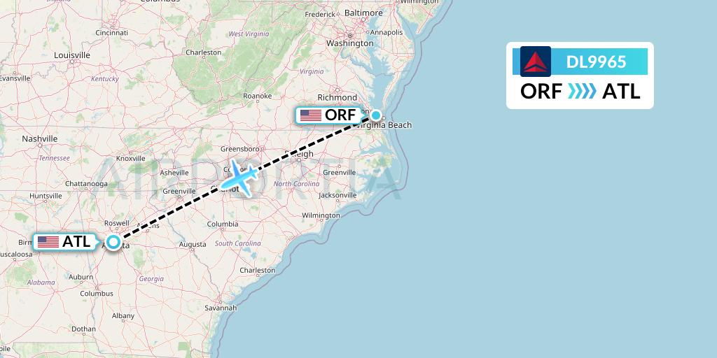 DL9965 Delta Air Lines Flight Map: Norfolk to Atlanta