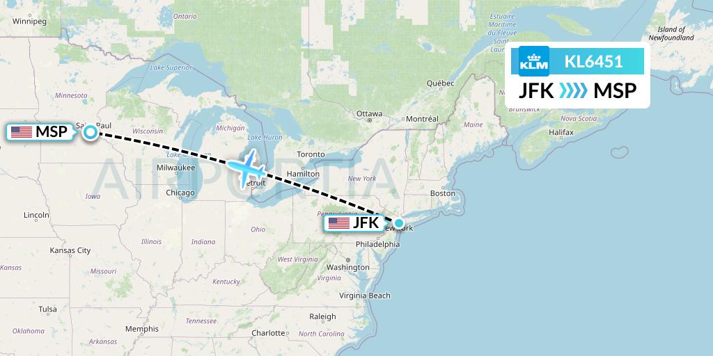 KL6451 KLM Flight Map: New York to Minneapolis