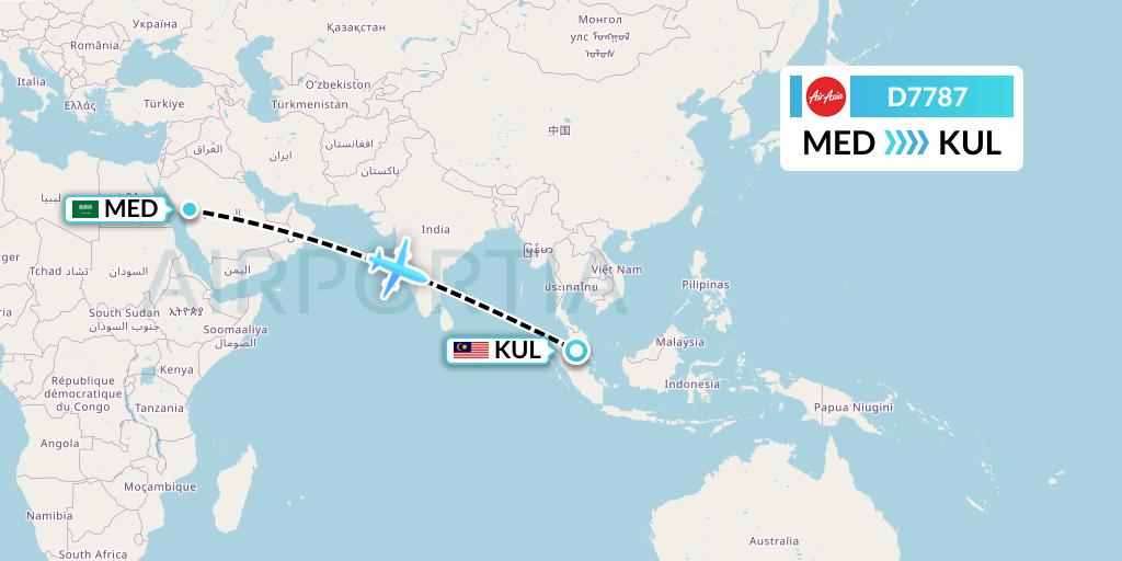 D7787 AirAsia X Flight Map: Medina to Kuala Lumpur