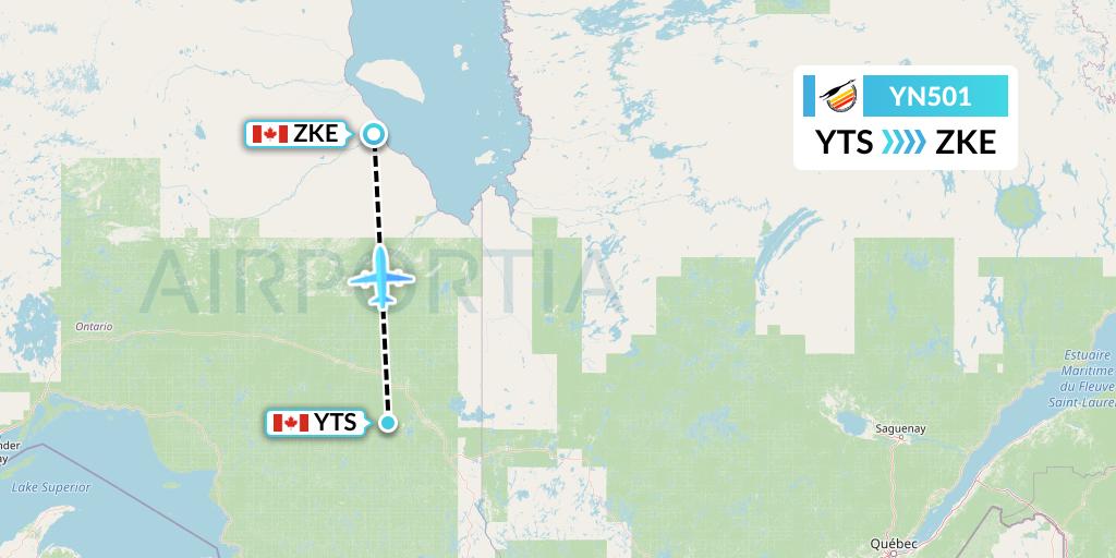 YN501 Air Creebec Flight Map: Timmins to Kashechewan