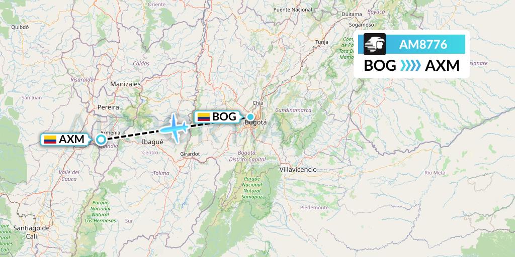 AM8776 Aeromexico Flight Map: Bogota to Armenia