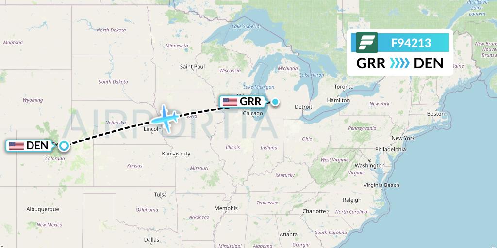F94213 Frontier Airlines Flight Map: Grand Rapids to Denver