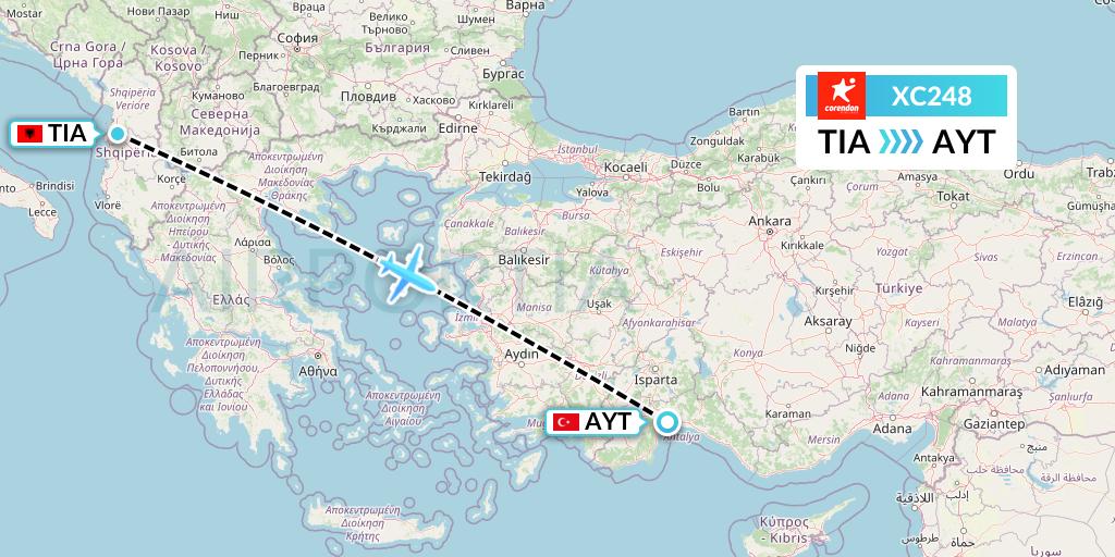 XC248 Corendon Airlines Flight Map: Tirana to Antalya
