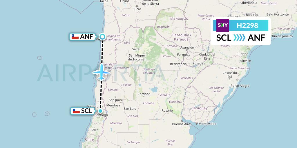 H2298 Sky Airline Flight Map: Santiago to Antofagasta