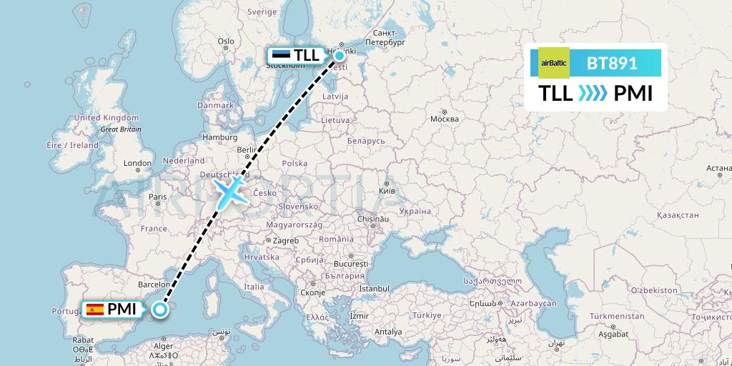 BT891 Air Baltic Flight Map: Tallinn to Palma de Mallorca
