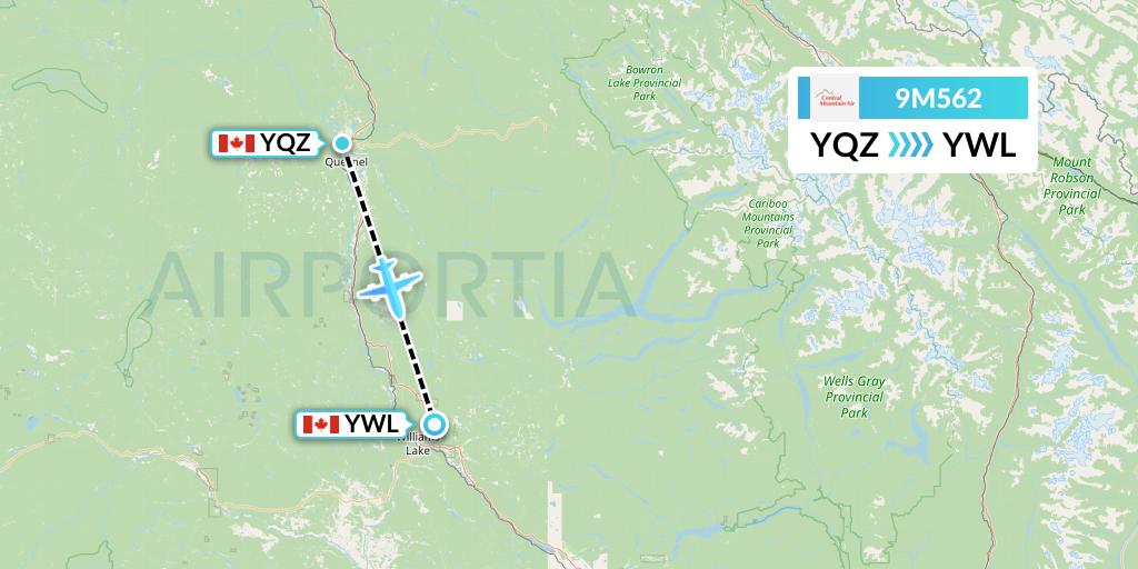 9M562 Central Mountain Air Flight Map: Quesnel to Williams Lake