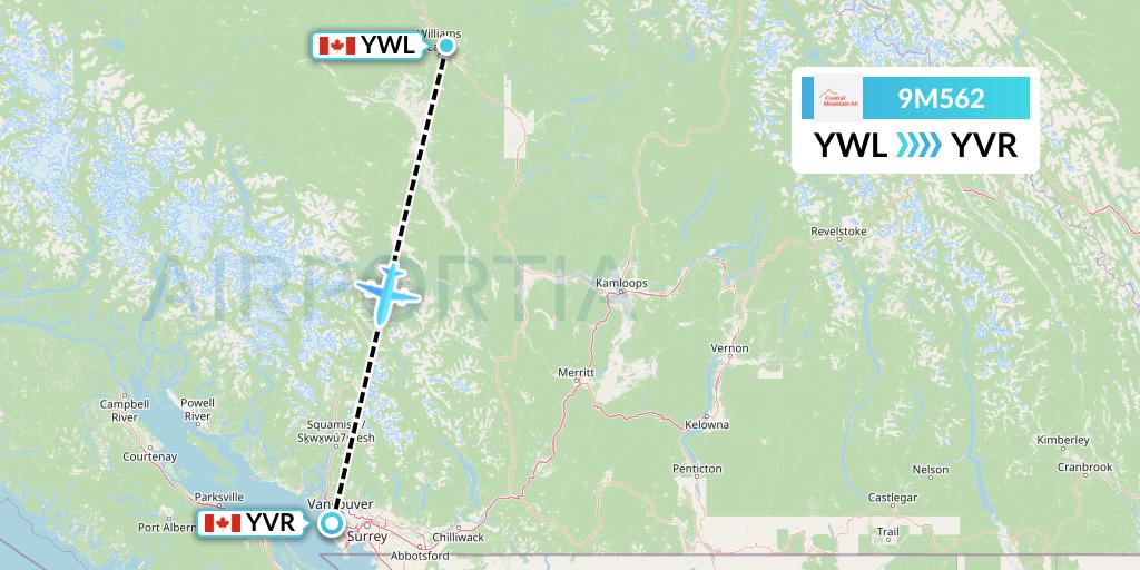 9M562 Central Mountain Air Flight Map: Williams Lake to Vancouver