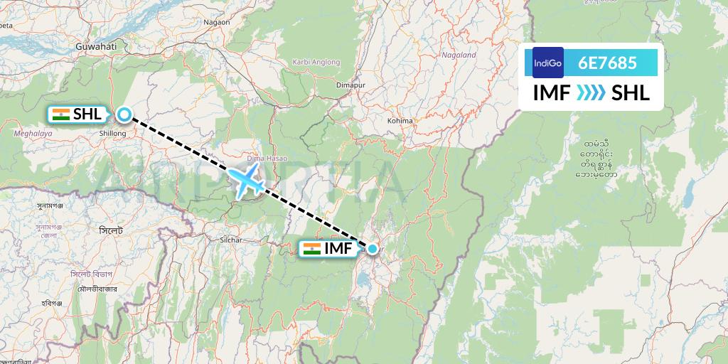 6E7685 IndiGo Airlines Flight Map: Imphal to Shillong