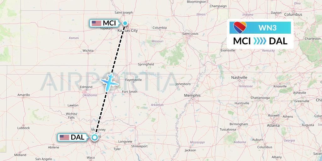 WN3 Southwest Airlines Flight Map: Kansas City to Dallas
