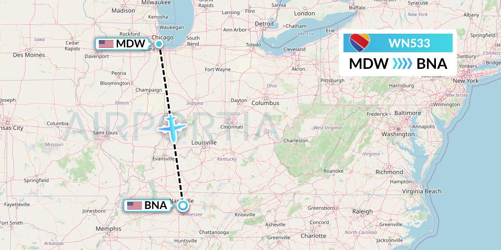 WN533 Southwest Airlines Flight Map: Chicago to Nashville