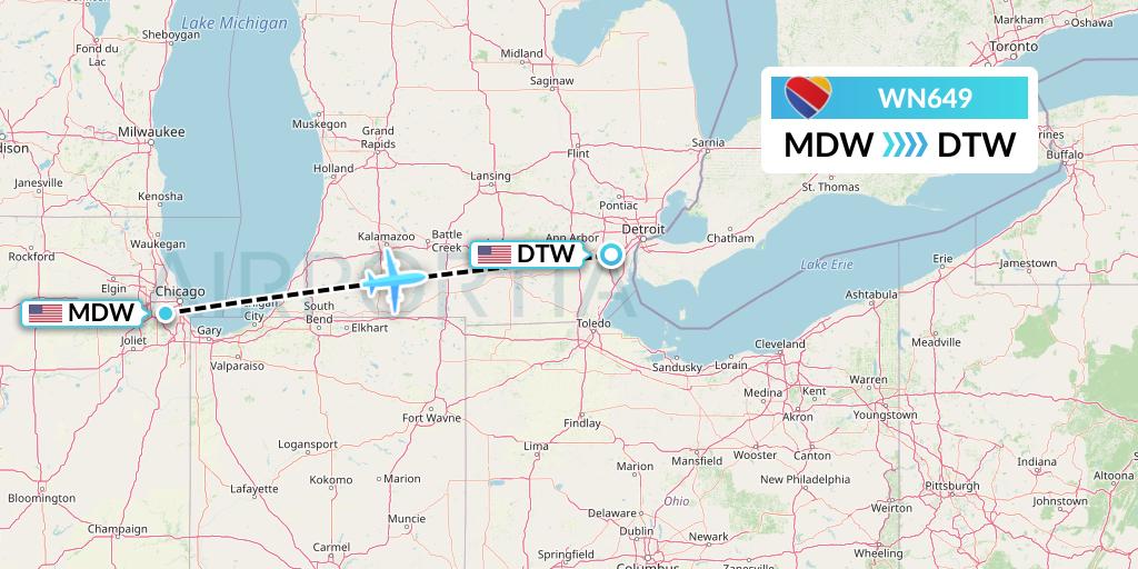 WN649 Southwest Airlines Flight Map: Chicago to Detroit