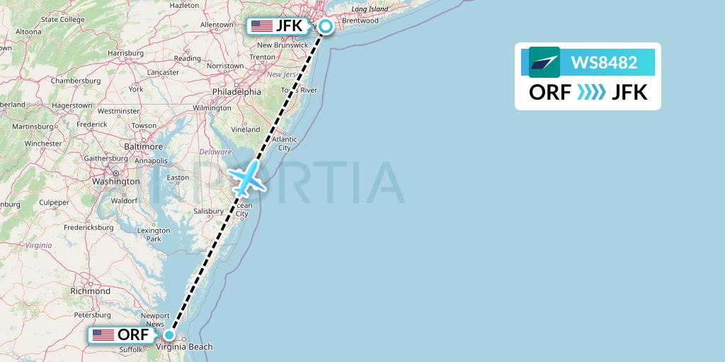 WS8482 WestJet Flight Map: Norfolk to New York
