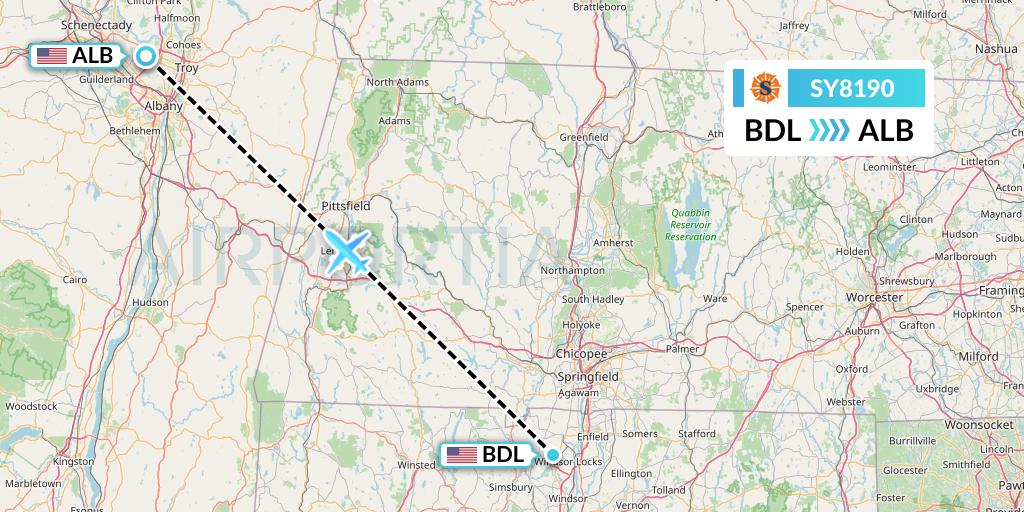SY8190 Sun Country Airlines Flight Map: Windsor Locks to Albany