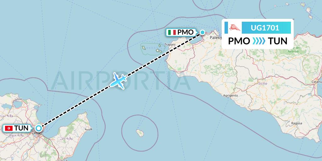 UG1701 Tunisair Express Flight Map: Palermo to Tunis