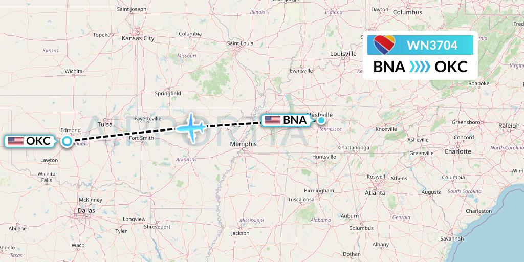 WN3704 Southwest Airlines Flight Map: Nashville to Oklahoma City