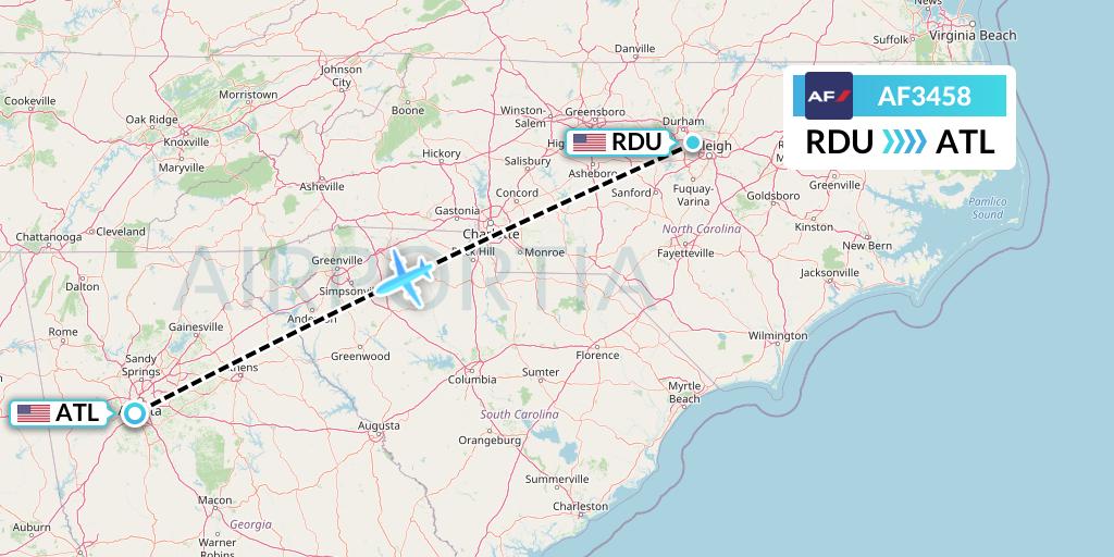 AF3458 Air France Flight Map: Raleigh-Durham to Atlanta