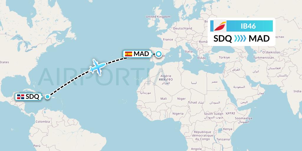 IB46 Iberia Flight Map: Santo Domingo to Madrid