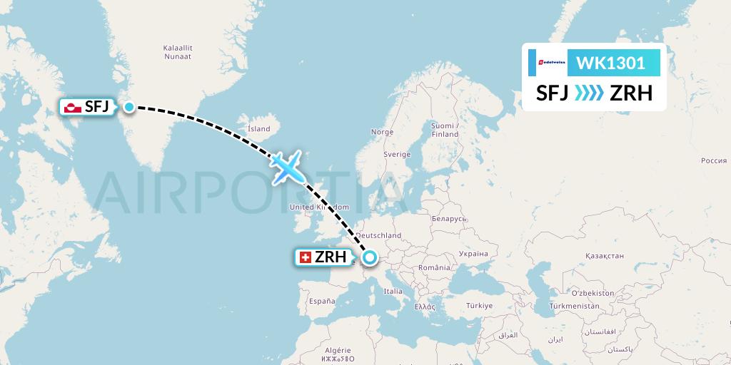 WK1301 Edelweiss Air Flight Map: Kangerlussuaq to Zurich