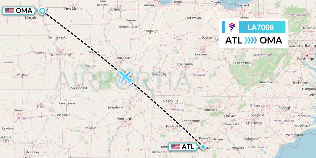 LA7008 LAN Airlines Flight Map: Atlanta to Omaha