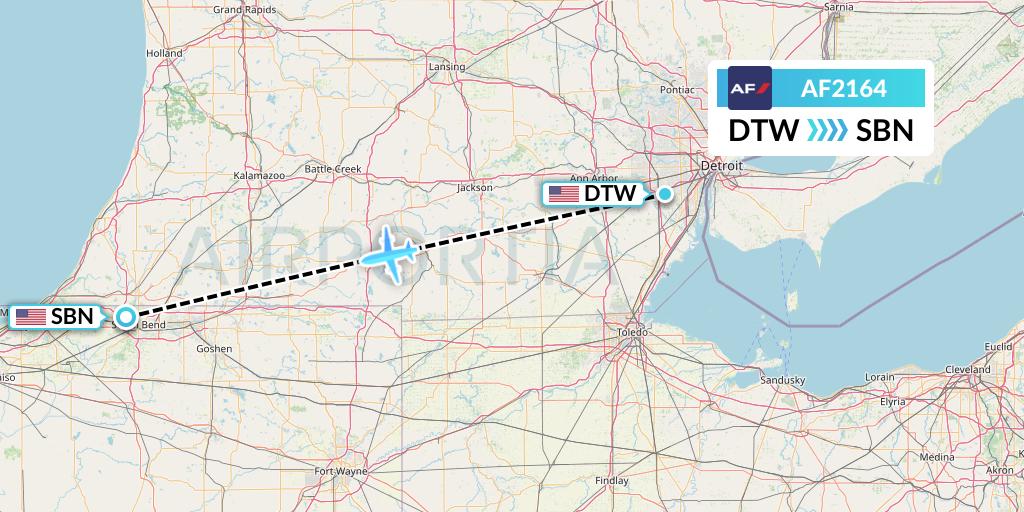 AF2164 Air France Flight Map: Detroit to South Bend
