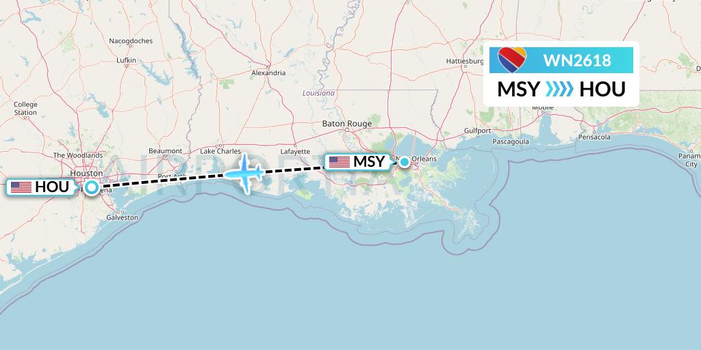WN2618 Southwest Airlines Flight Map: New Orleans to Houston