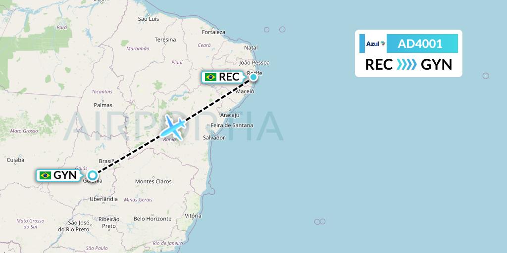 AD4001 Azul Brazilian Airlines Flight Map: Recife to Goiania