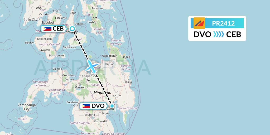 PR2412 Philippine Airlines Flight Map: Davao City to Cebu