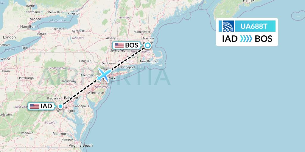 UA688T United Airlines Flight Map: Washington to Boston