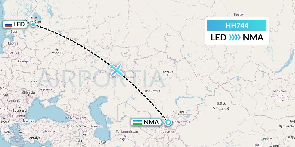 HH744 Qanot Sharq Flight Map: St. Petersburg to Namangan